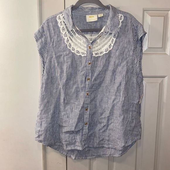 Anthropologie Maeve Women's Linen Camp Shirt Striped Blouse Lace Back Size Large - Picture 2 of 11